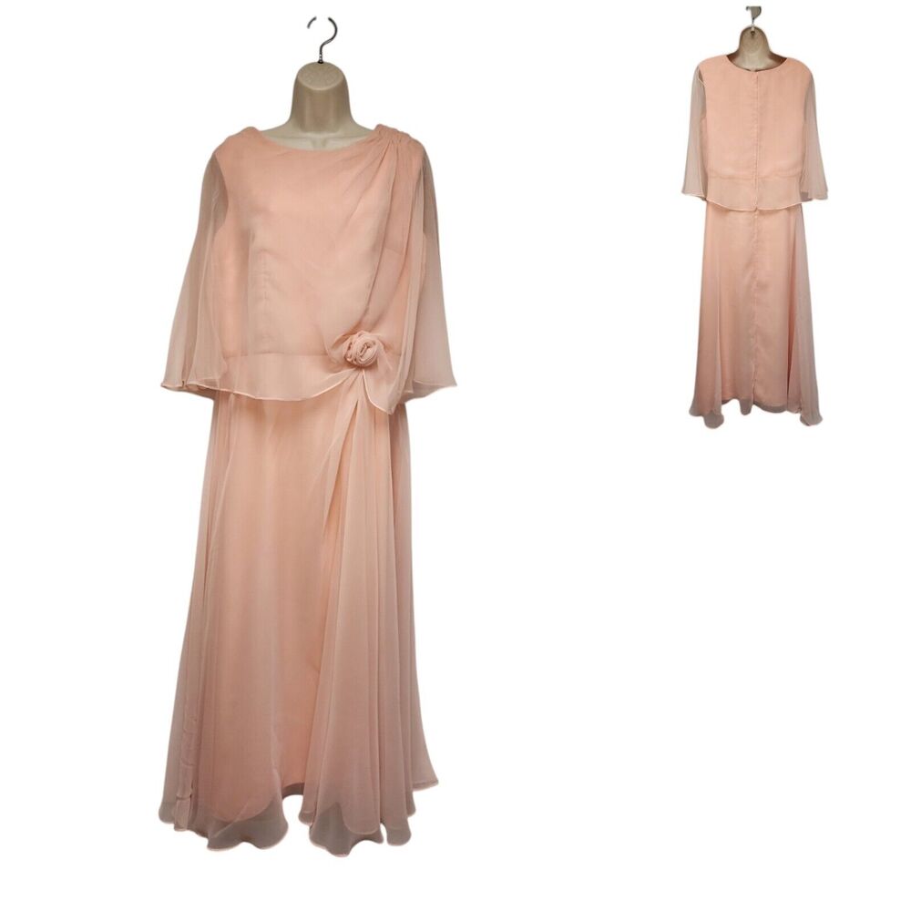 Vintage 70s Peach Formal Gown Maxi A-Line Chiffon Dress Size 14
